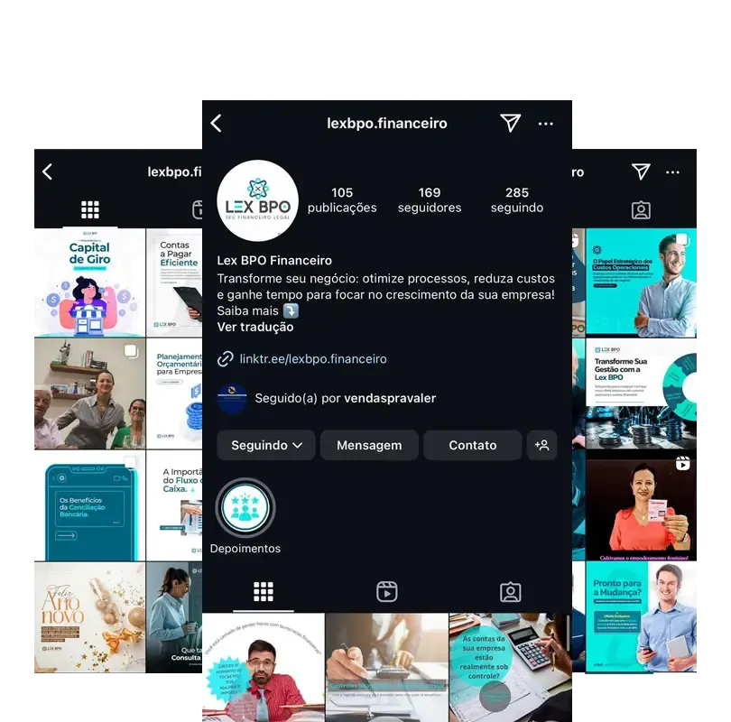Perfil do Instagram de Lex BPO, gerenciado pela Minduba Digital